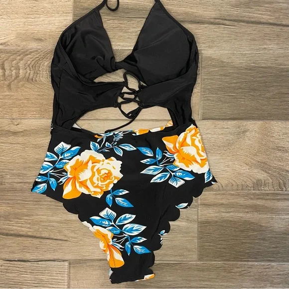 Black Floral Print Halter Tummy Control One Piece Swimsuit - Picture 7 of 8